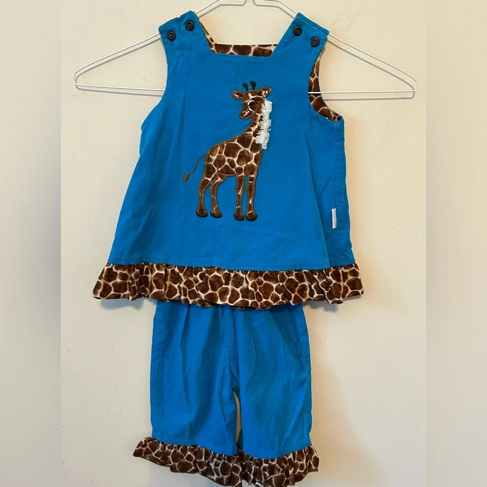 The Bailey Boys Blue Soft Corduroy Giraffe appliqué Leopard Print Trim Size 12 M